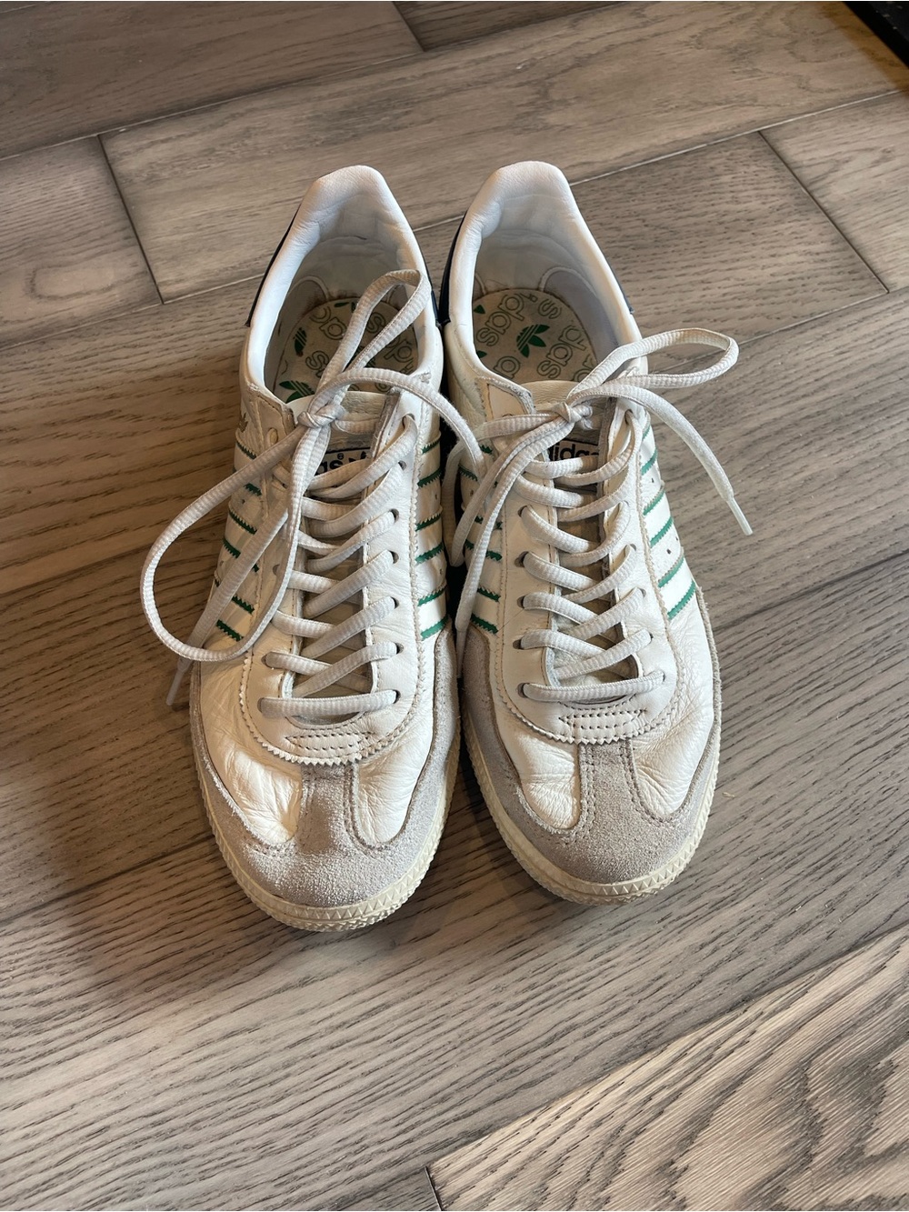 adidas White Sneakers with Green Stripes